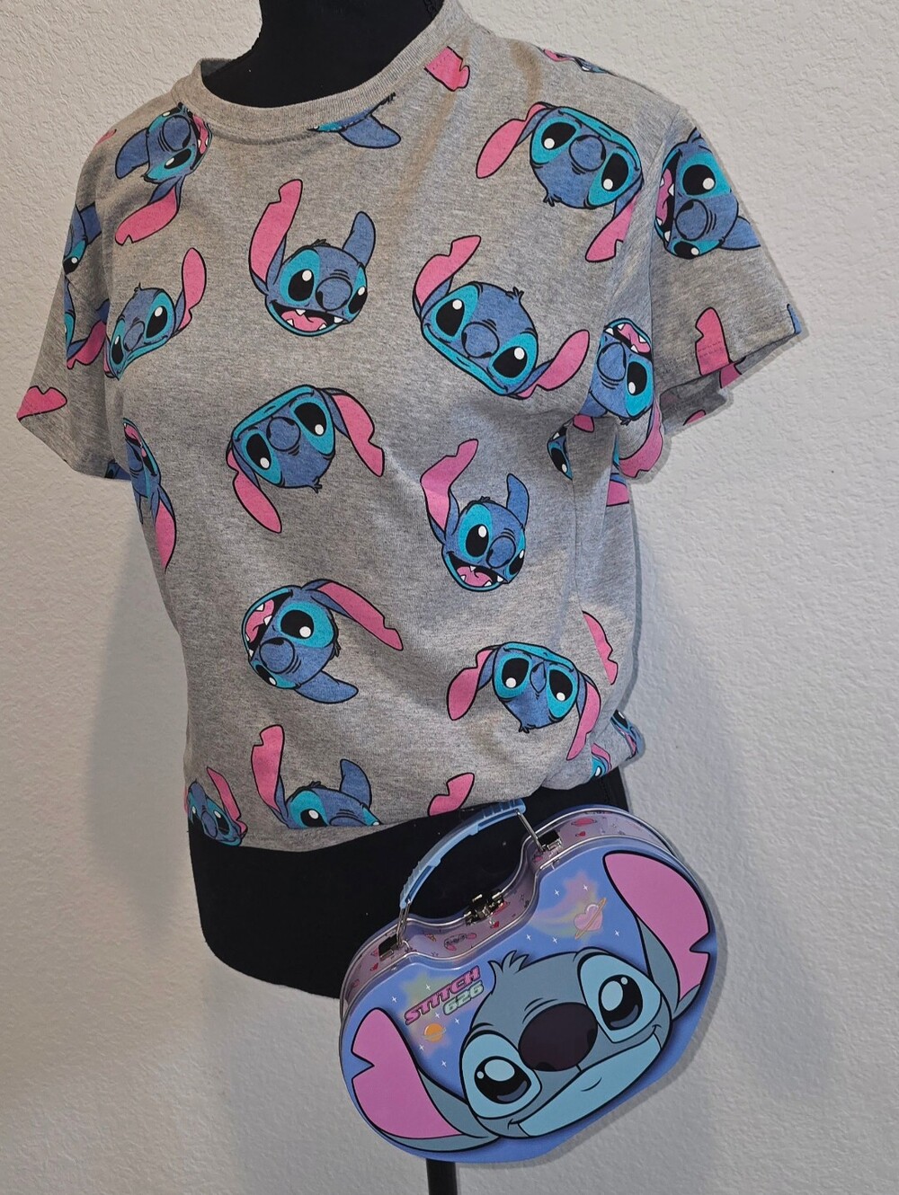 Lilo And Stitch Heather Grey Graphic Tee with Accent Purse Hard Bag (S) Set